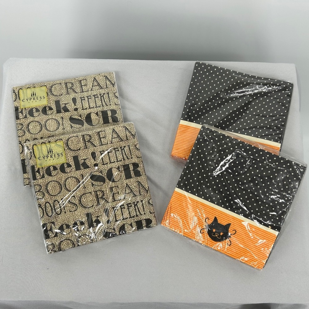 Cypress Halloween Napkins Black Cat Polka Dot Burlap Text Spooky Party‎ (4 sets)